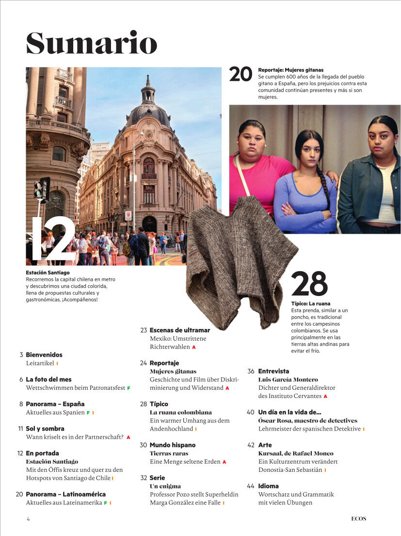 Titelseite und Inhaltsübersicht des Ecos Magazins Ausgabe 11/2025 mit Fotos von Architektur in Santiago de Chile, vier Frauen in unterschiedlichen Outfits sowie einer braunen Wollponcho. Der Schwerpunkt liegt auf spanischer Sprache, lateinamerikanischer und spanischer Kultur, gesellschaftlichen Themen und Bildungsinhalten.