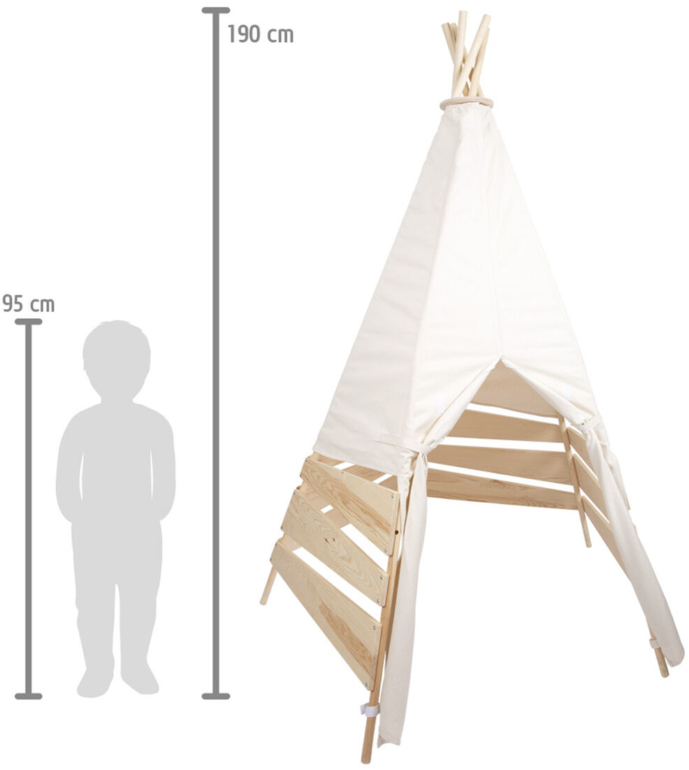 Ein Tipi-Zelt, geeignet für den Innen- und Außenbereich. Das Zelt ist aus weißem Stoff gefertigt, gestützt von Holzstangen. Es hat eine Höhe von 190 cm im Vergleich zu einem Kind mit einer Höhe von 95 cm.