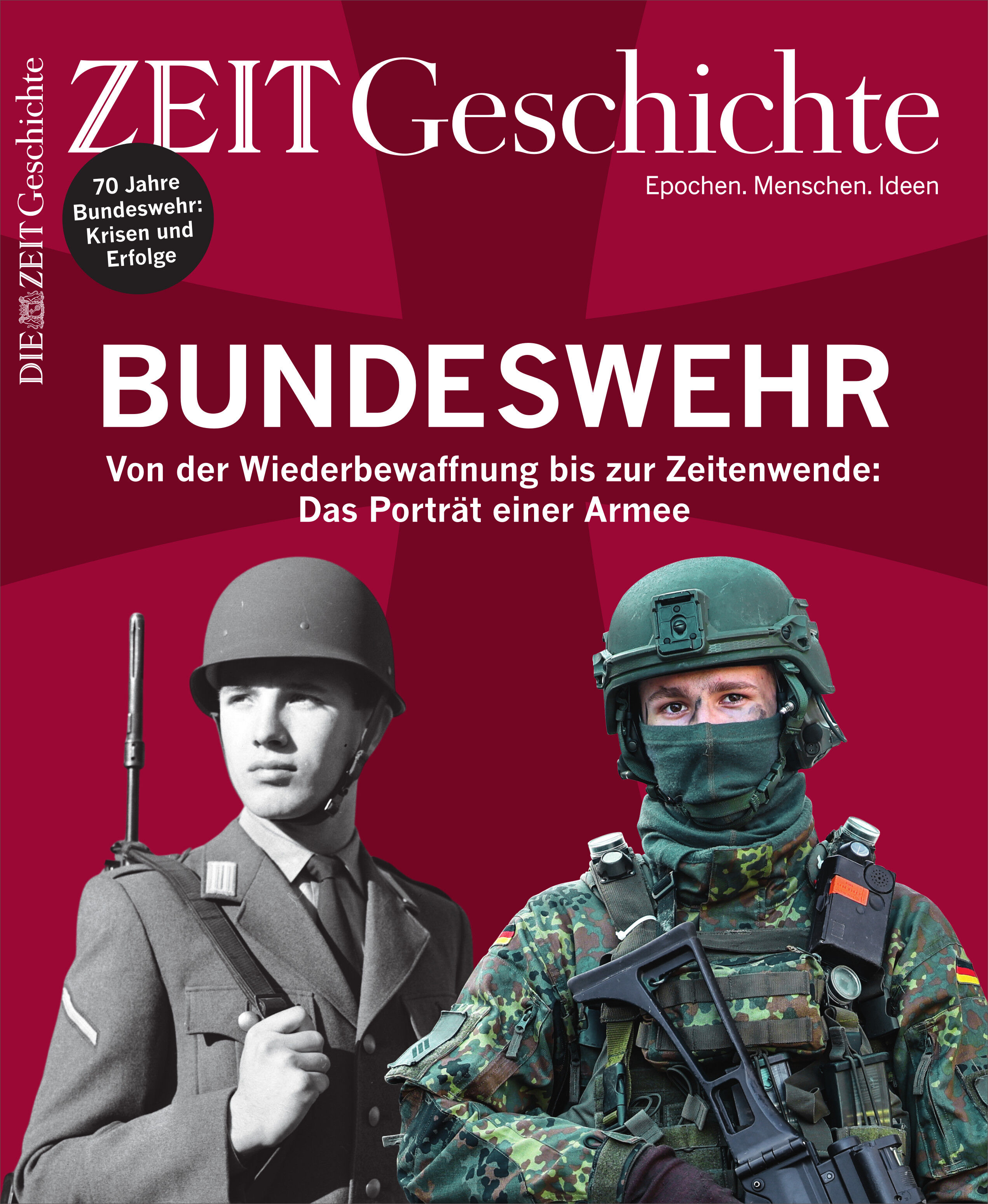 Titelbild des Magazins ZEIT Geschichte mit dem Schwerpunkt Bundeswehr. Abgebildet sind zwei Soldaten in unterschiedlichen Uniformen aus verschiedenen Epochen vor rotem Hintergrund. Das Titelthema hebt die Geschichte und Entwicklung der Bundeswehr hervor.