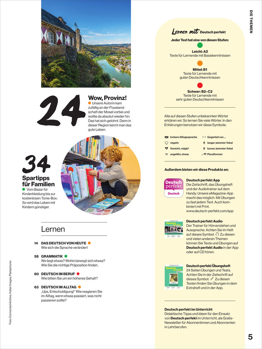 Magazinseite von Deutsch perfekt mit Inhaltsübersicht. Links große Seitenzahlen 24 und 34, Fotos einer Flusslandschaft bei Sonne und eines Kindes in einer Bibliothek. Darunter Lernrubriken. Rechts gelber Kasten „Lernen mit Deutsch perfekt“ mit Niveaus A2 bis C1, Produktabbildungen und Seite 5.