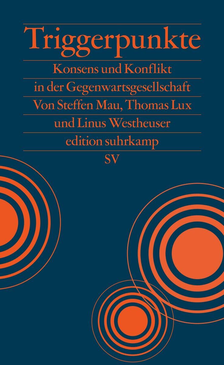 Das Bild zeigt das Buch 'Triggerpunkte: Konsens und Konflikt in der Gegenwartsgesellschaft' von Steffen Mau, Thomas Lux und Linus Westheuser, veröffentlicht von Suhrkamp. Das Cover ist blau mit orangen und roten Kreisen und Schrift.