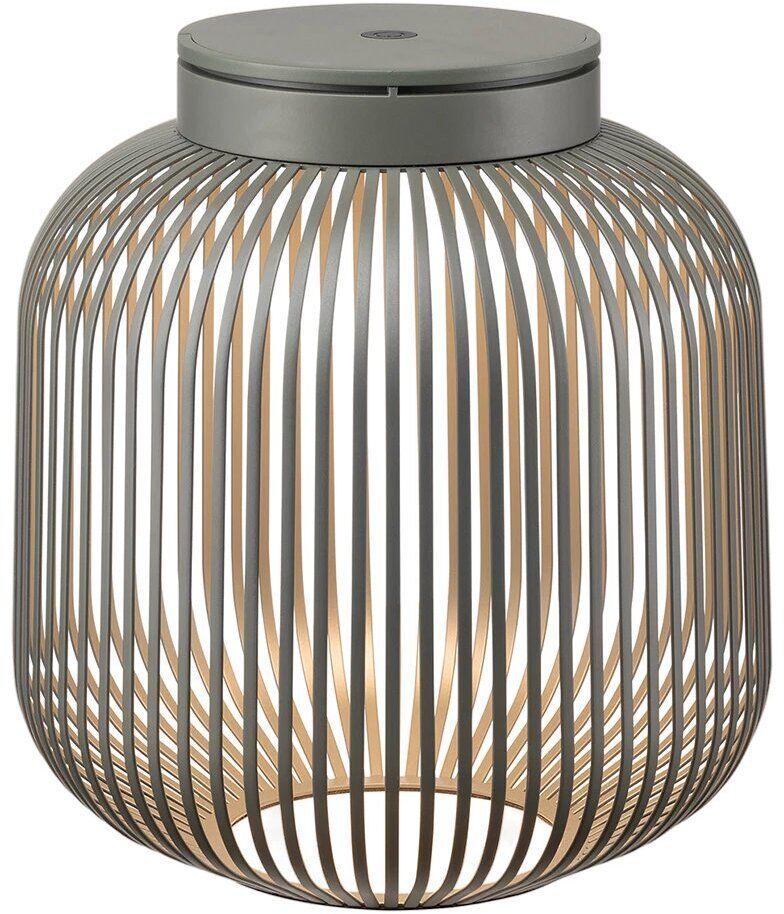 Mobile LED Leuchte »LITO« in Größe M. Das Produkt hat ein modernes Design mit schmalen Metallstreben in Silber- und Goldtönen, das Licht durchscheinen lässt. Ideal für Indoor- und Outdoor-Aktivitäten.