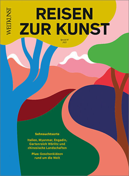 Cover des Magazins 'WELTKUNST 180/20 Sonderheft Reisen zur Kunst' zeigt eine bunte, abstrakte Illustration von Landschaften mit einem Baum im Vordergrund und farbigen Flächen in Blau, Grün, Rosa, Weiß, Braun und Gelb. Text oben in großen, schwarzen Buchstaben: 'REISEN ZUR KUNST'.