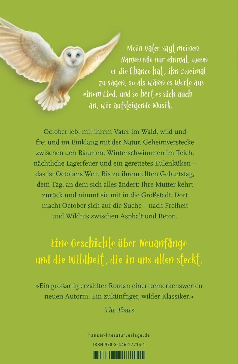 Ein Buchcover des Romans 'October, October' von Katya Balen. Auf der grün-gelben Rückseite ist ein Eulenbild. Der Text beschreibt den Inhalt des Buches und enthält positive Kritiken.