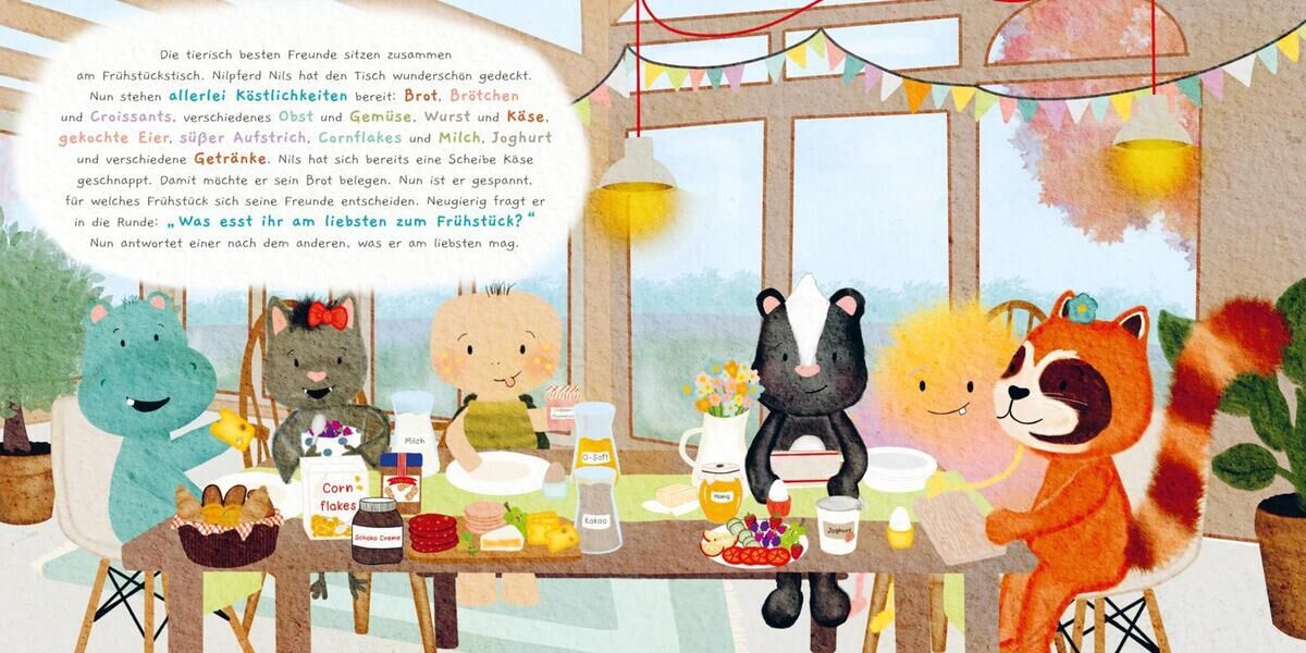 Eine farbenfrohe Illustration von verschiedenen Tieren, die an einem gedeckten Frühstückstisch sitzen. Der Tisch ist mit vielen Leckereien wie Brot, Marmelade, Honig, Wurst, Käse, Obst, Gemüse und Getränken gedeckt. Hinter den Tieren hängen bunte Girlanden.