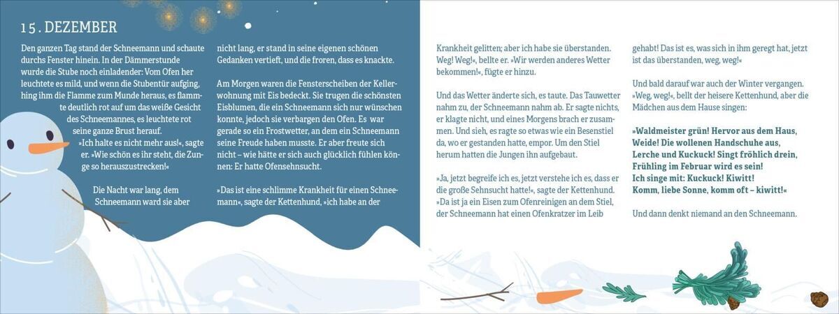 Illustration eines Adventskalenders mit Kamingeschichten. Die Seite zeigt einen Schnee bedeckten Hintergrund mit einem Schneemann und enthält Text über Geschichten für jeden Tag im Dezember bis Weihnachten.