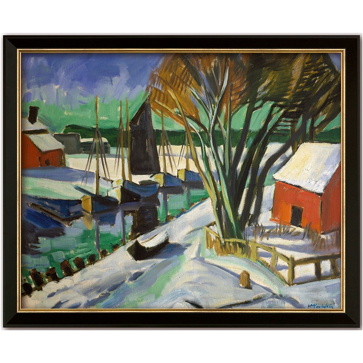 Das Bild zeigt eine expressionistische, winterliche Flusslandschaft von Max Pechstein aus dem Jahr 1922. Am verschneiten Ufer stehen rote Häuser, Segelboote liegen am Wasser. Große, teils gelbe und braune Bäume dominieren rechts, das Bild ist in einem schwarzen Rahmen gefasst.