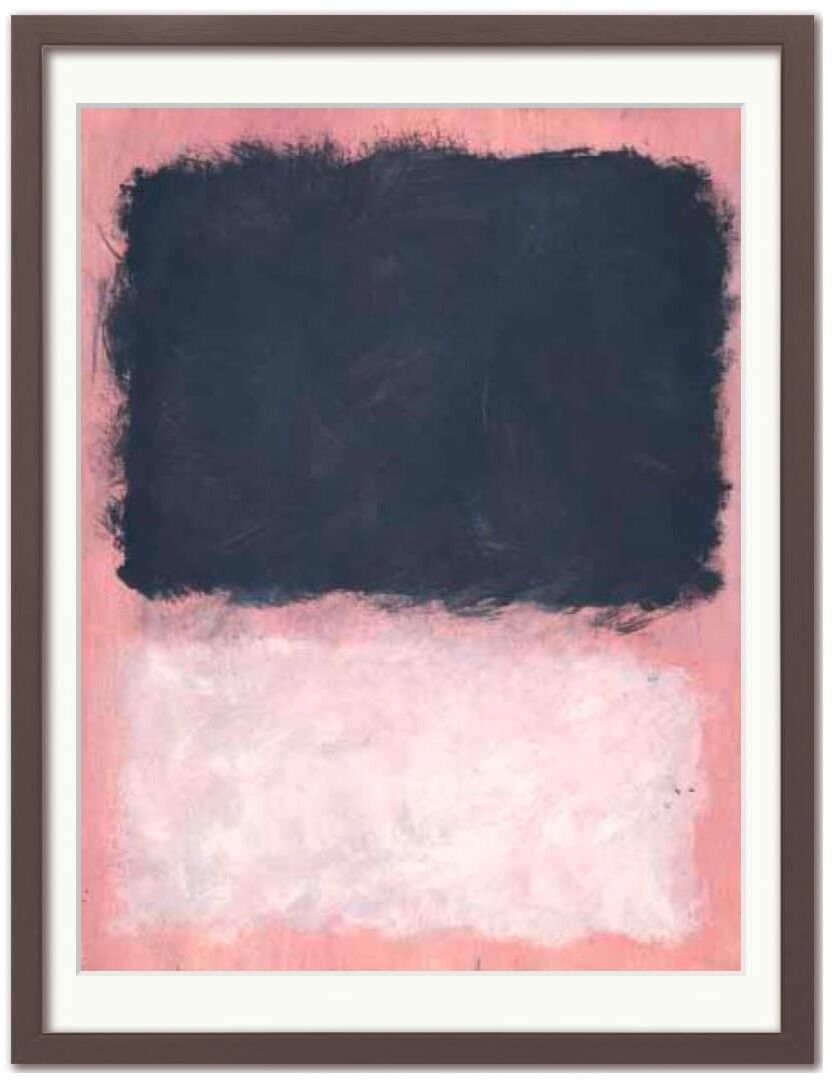 Ein Gemälde von Mark Rothko aus dem Jahr 1967 mit dem Titel 'Untitled'. Es zeigt ein großes schwarzes Rechteck oben und einen weißen Bereich unten, beides auf einem rosa Hintergrund. Der Rahmen ist dunkelbraun.