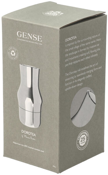 Verpackung der Mühle Dorotea 14 cm von Gense, eine elegante metallische Küchenutensil, bekannt für ihr modernes Design und Qualität in der Kaffeezubereitung.