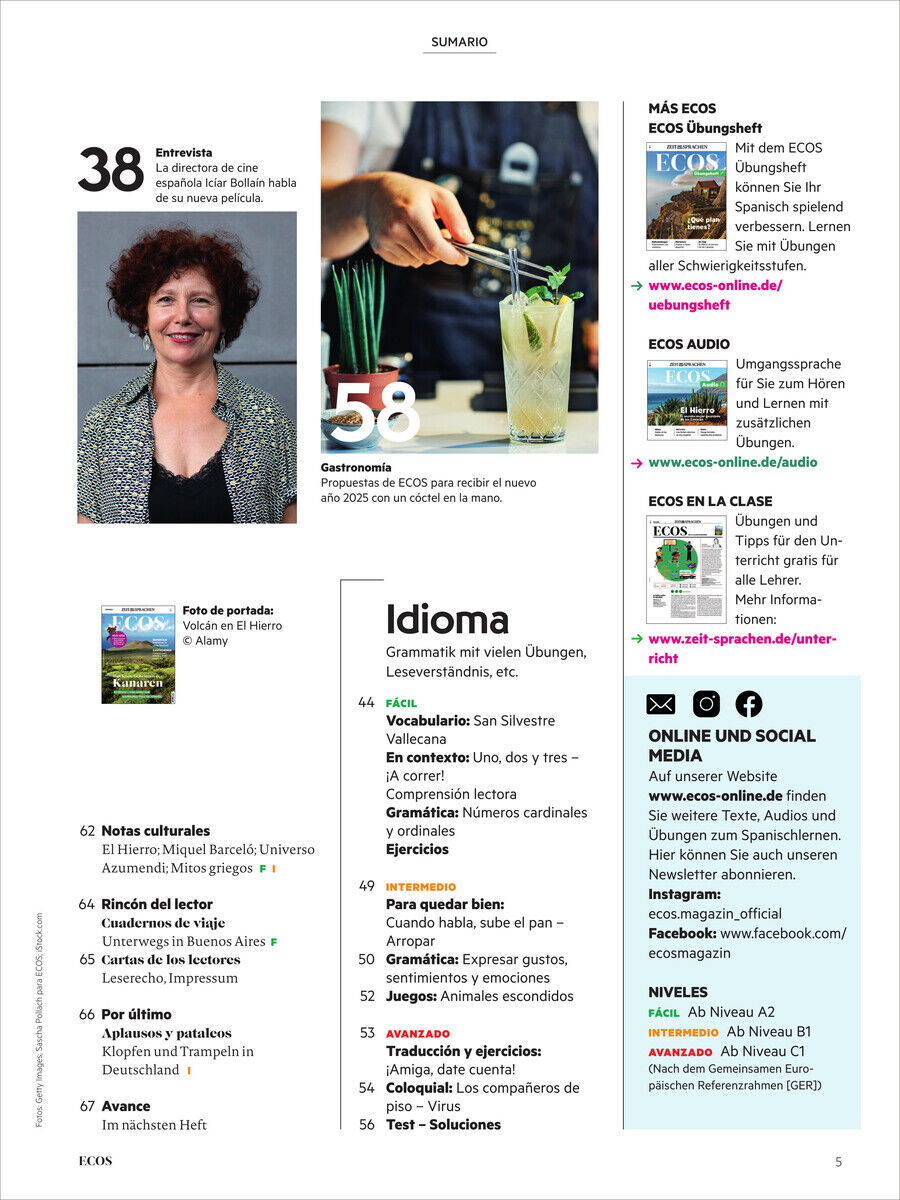 Eine Magazinseite des Ecos Magazins 1/25 mit einem Foto einer Frau, einem Drink, und Artikeln über Sprachkurse und Kultur.