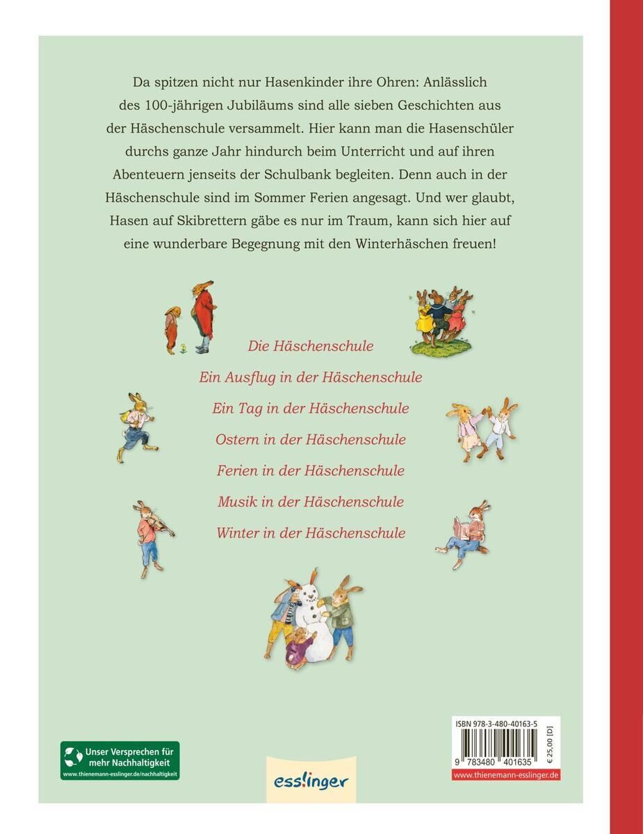 Das Bild zeigt das Buchcover von 'Die Häschenschule: Alle Geschichten in einem Band'. Das Cover ist überwiegend grün mit bunten Illustrationen von Hasen in verschiedenen Aktivitäten. Der Titel und eine Liste der Geschichten sind in roter Schrift auf der Rückseite abgebildet.