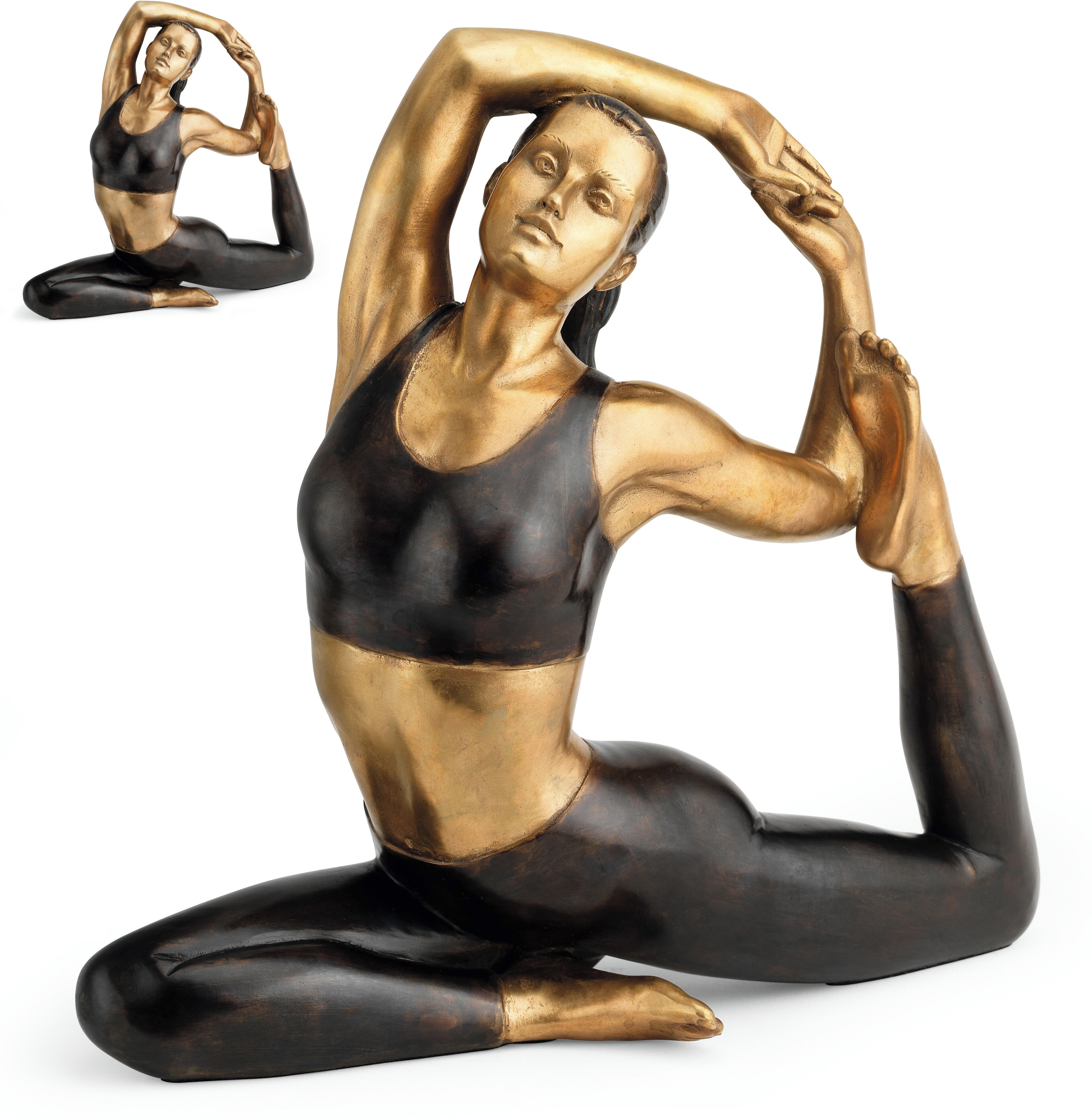 Eine bronzefarbene Skulptur von Richard Senoner, die eine Person in einer anspruchsvollen Yoga-Pose darstellt. Die Figur hat einen ausdrucksvollen und achtsamen Gesichtsausdruck und zeigt eine beeindruckende Darstellung von Flexibilität und innerer Ruhe.