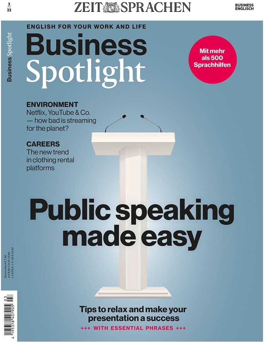 Titelseite des Magazins 'Business Spotlight' Ausgabe 03/2022. Im Mittelpunkt steht ein Rednerpult mit dem Text 'Public speaking made easy'. Weitere Themen: Umwelt, Streaming-Dienste und Karriere. Das Cover ist in Blau, Weiß, Schwarz und Rot gehalten.