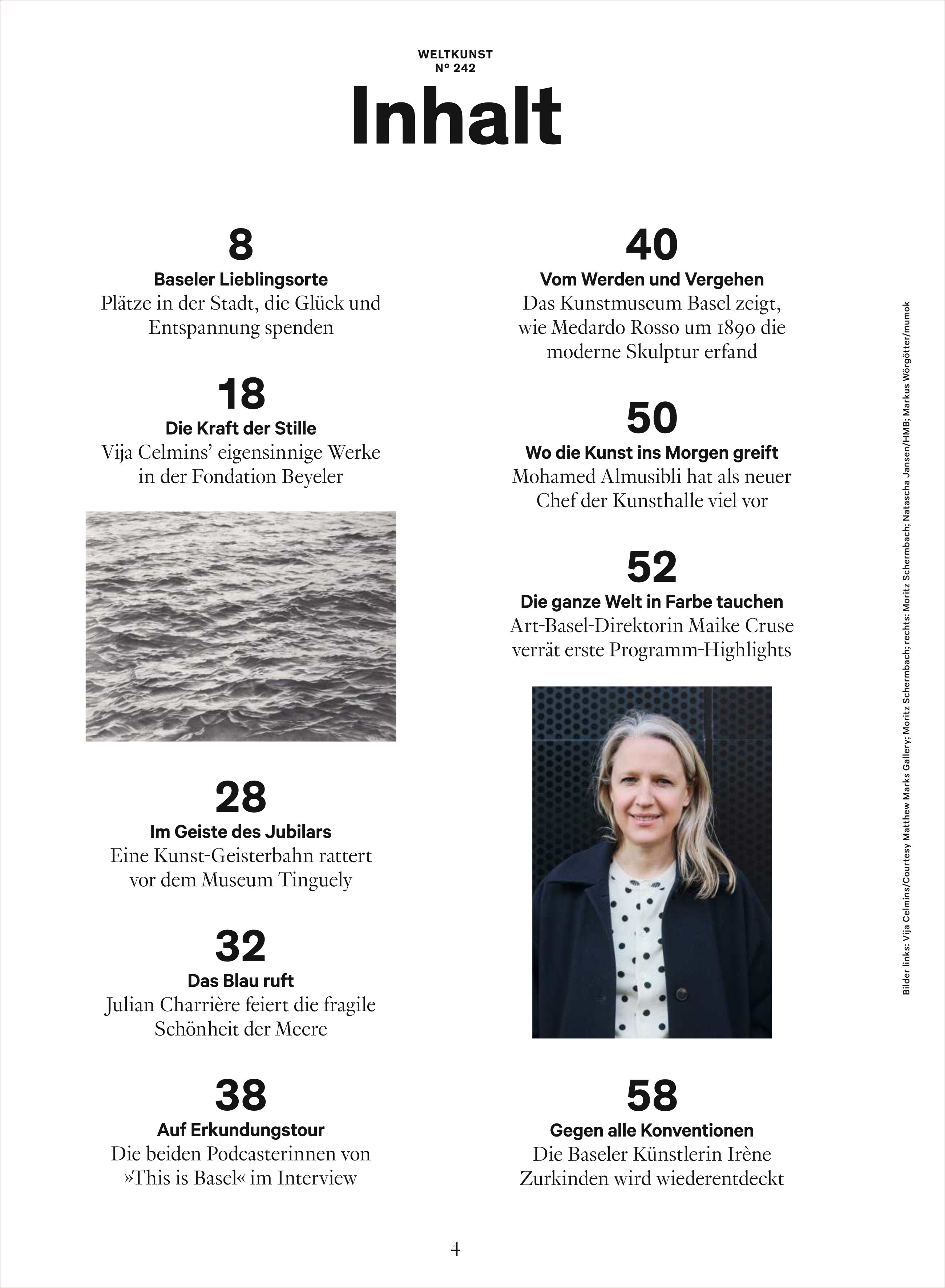 Eine Seite aus dem WELTKUNST-Magazin mit dem Inhaltsverzeichnis der Sonderausgabe 242/25 über Basel. Es sind Titel und kurze Beschreibungen von Artikeln über Kunst, Kultur und Ausstellungen zu sehen, unter anderem zur Beyeler-Stiftung und zum Kunstmuseum Basel.
