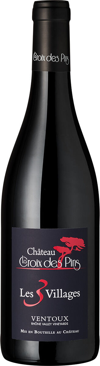 Eine einzelne Flasche Rotwein aus Frankreich, mit schwarzem Etikett und roten sowie weißen Schriftzügen, steht vor weißem Hintergrund. Die Flasche trägt die Aufschrift 'Chateau Croix des Pins Les Trois Villages Ventoux'.