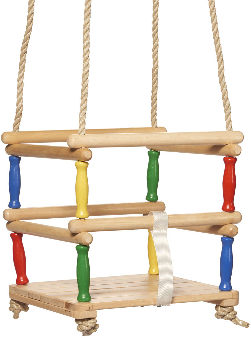 Schaukel aus Buchenholz mit farbigen Stäben und stabilen Seilen. Die Sitzfläche ist rechteckig mit Holzlatten und die bunten Stäbe an den Seiten sind rot, blau, grün und gelb. Die Schaukel hängt an robusten Seilen und hat ein sicherheitsweis.