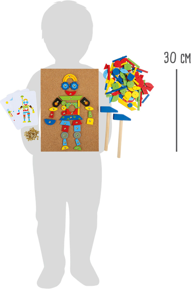 Ein Hämmerchenspiel für Kinder mit bunten Formen, einem Holzbrett, kleinen Nägeln und Hämmern. Das Bild zeigt eine Silhouette eines Kindes, das Spielzeugteile und Werkzeuge hält. Die Größe des Sets wird mit 30 cm angegeben.