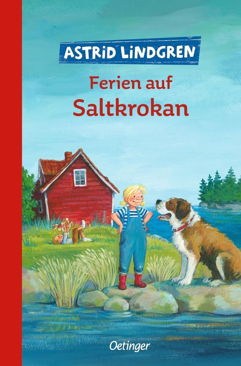 Das Buchcover von Astrid Lindgrens 'Ferien auf Saltkrokan' zeigt ein Kind, das neben einem freundlichen, großen Hund auf einem grasbewachsenen Ufer steht. Im Hintergrund ist ein rotes Haus an einem See zu sehen. Der Himmel ist blau und die Szene wirkt sommerlich und idyllisch. Der Schriftzug 'Astrid Lindgren' und der Titel des Buches sind in der oberen Hälfte des Covers zu erkennen.