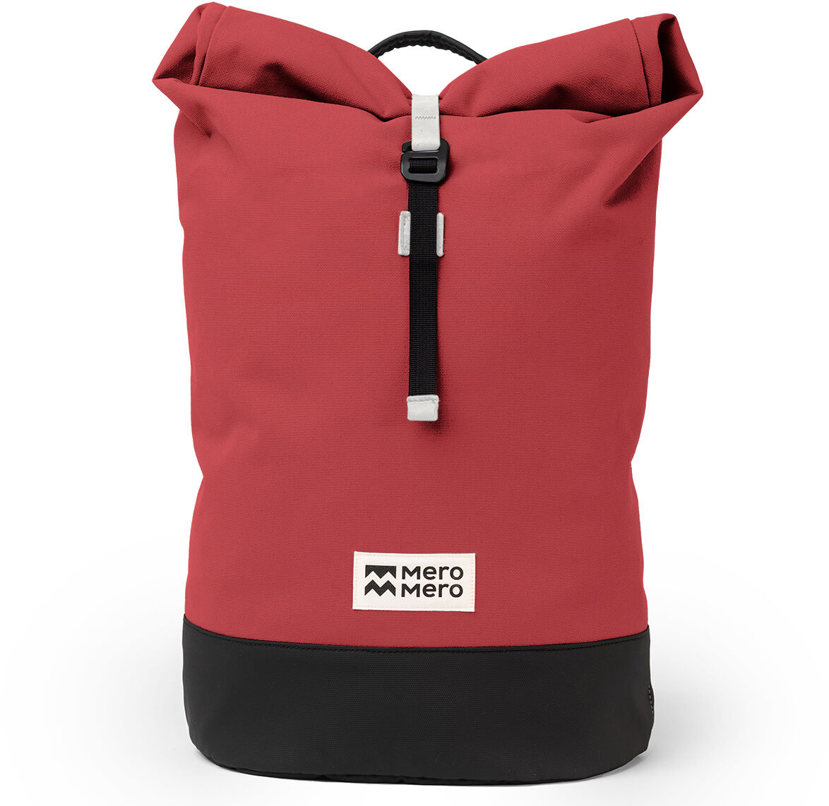 Ein stilvoller und robuster Rucksack »Wanaka« in Rot mit schwarzem Boden und weißem Logo auf der Vorderseite. Der Rucksack hat eine praktische Verschlussschnalle und ein modernes Design.