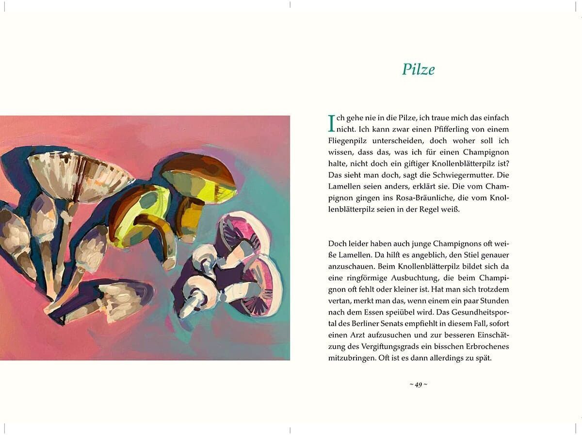 Diese Seite aus dem Buch 'Neulich im Beet' zeigt verschiedene bunte Illustrationen von Pilzen neben einem Textabschnitt über Pilze und ihre Rolle in der Natur.