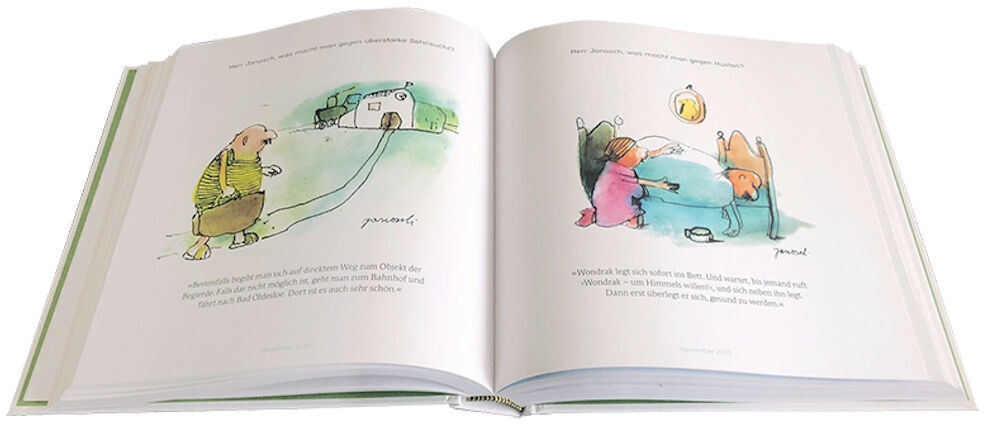 Das Bild zeigt das geöffnete Buch 'Janosch: Herr Wondrak, wie kommt man durchs Leben?'. Auf den Seiten sind farbige Illustrationen zu sehen, die humorvoll und kindgerecht gestaltet sind.