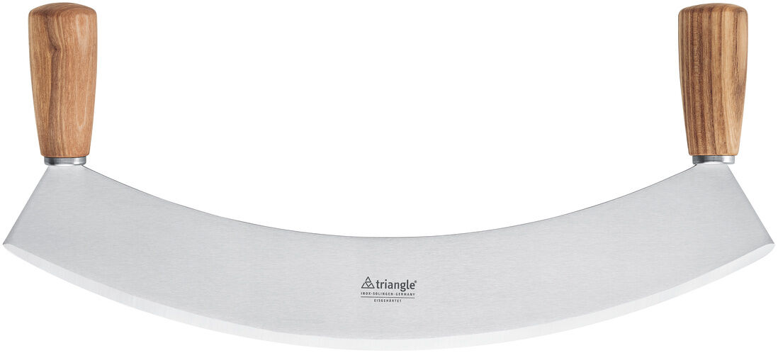Ein einschneidiges Wiegemesser mit 36 cm langer, scharfer Edelstahlklinge und ergonomischem Griff aus gemasertem Esche Kernholz liegt auf hellem Hintergrund. Edles, funktionales Küchenwerkzeug der Marke triangle. Schlichtes, hochwertiges Design mit schöner Holzstruktur.
