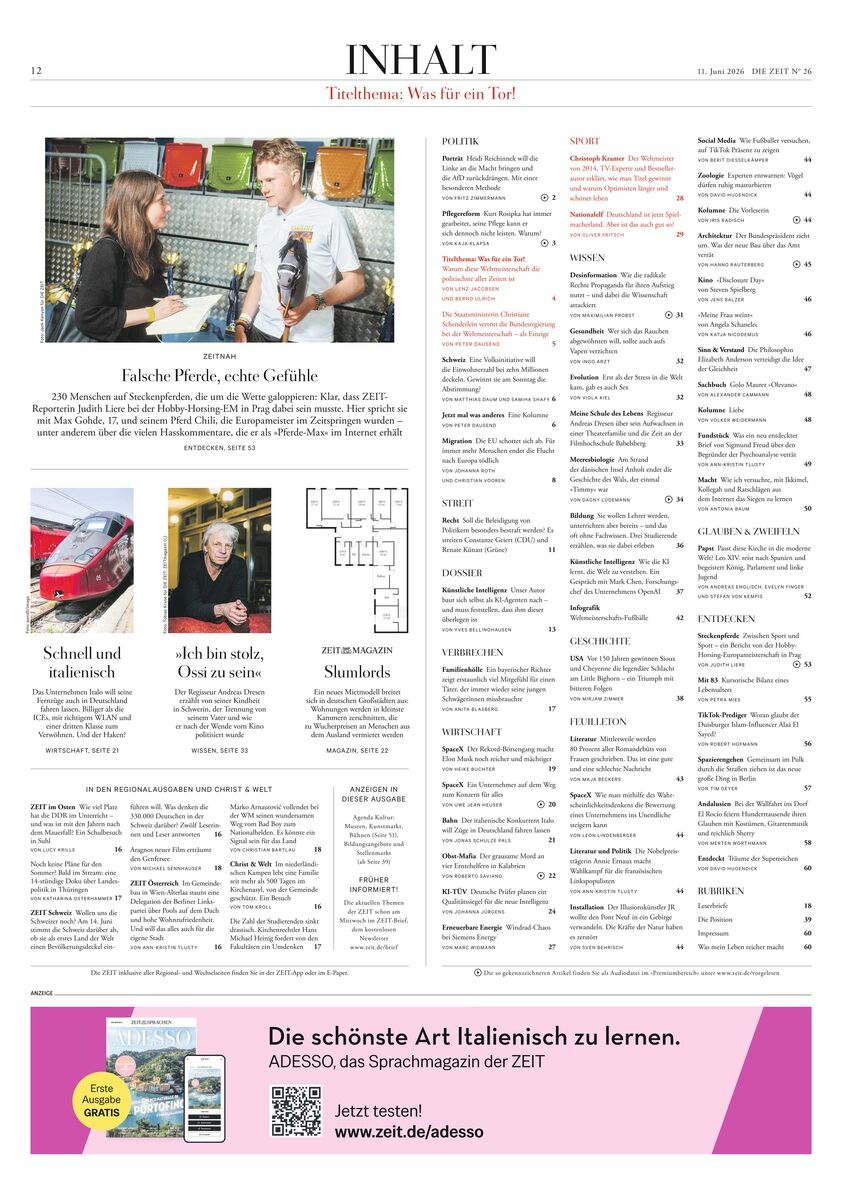 DIE ZEIT 26/2026 zeigt eine Inhaltsseite mit mehreren Spalten, Farbfotos von Menschen im Gespräch, einem Zug und weiteren Motiven. Darüber steht groß 'INHALT', darunter Artikelüberschriften, Seitenzahlen und Rubriken. Am unteren Rand eine farbige Werbeanzeige.
