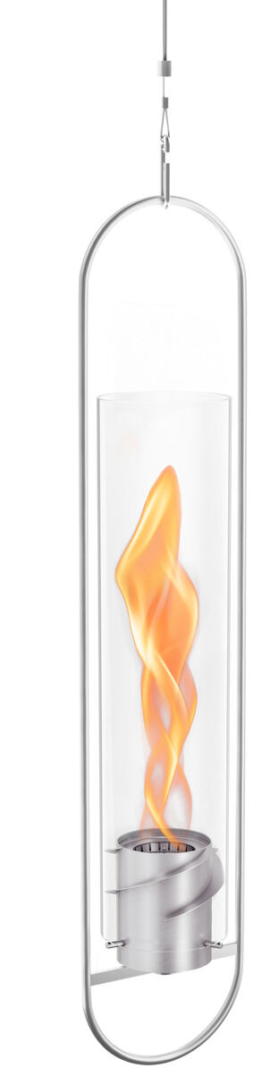 Ein modernes Hängesystem namens SPIN, bestehend aus einem schmalen, zylindrischen Glasgehäuse, das eine kleine Flamme in der Mitte enthält. Das Gehäuse ist an der Decke oder einer anderen Oberfläche befestigt und scheint zu schweben. Die Farben sind hauptsächlich Silber und Transparent, mit einer leuchtend orangefarbenen Flamme in der Mitte.