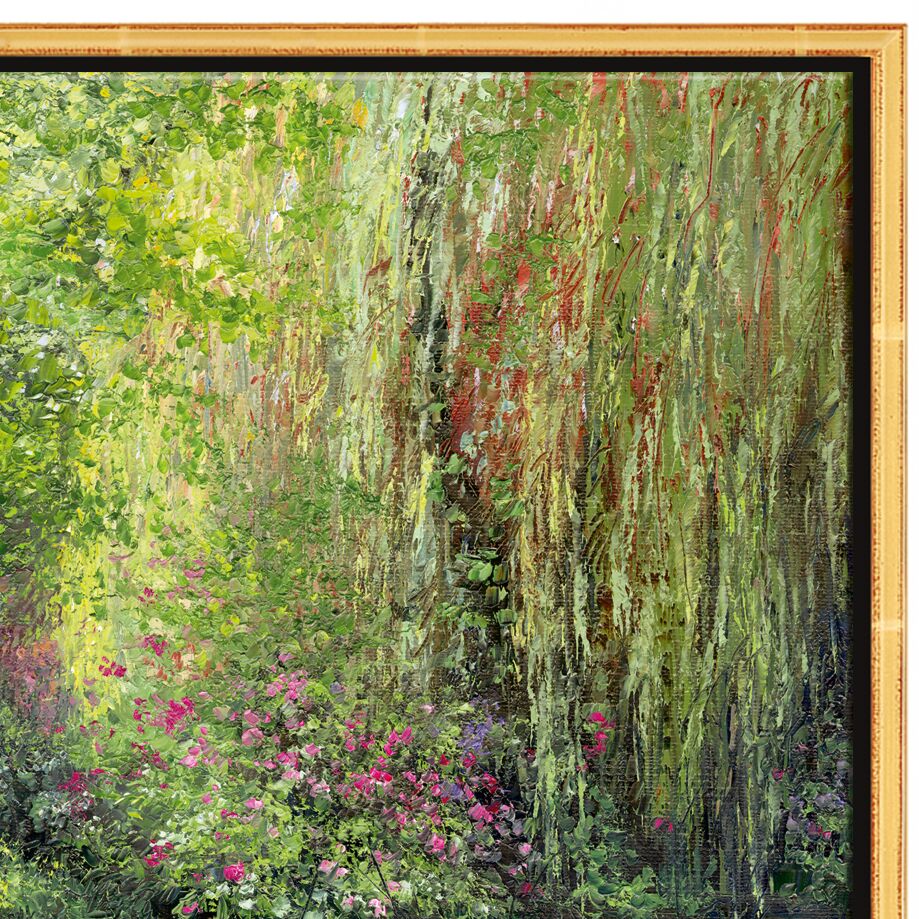 Quadratischer Kunstdruck von Jean-Claude Cubaynes mit dem Titel 'Printemps à Giverny', zeigt eine impressionistische Frühlingslandschaft: Üppige Wiese mit wild blühenden Blumen in Weiß, Gelb und Violett, dichter Baumbestand im Hintergrund, diffuse Lichtreflexionen. Gerahmt in Massivholz, hochwertige Leinwandtextur sichtbar.