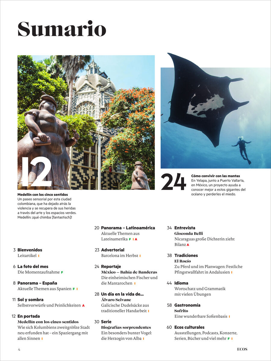 Detailreiche Magazinseite mit Inhaltsverzeichnis in spanischer Sprache. Links unten eine Skulptur im Grünen vor einem detailreichen Gebäude, rechts oben ein Mantarochen und Taucher im klaren Wasser. Überschriften und Artikelthemen übersichtlich angeordnet.