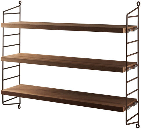 Ein braunes Holzregal mit drei Ablageflächen und einem metallischen Rahmen, das an der Wand montiert ist. Es hat ein schlichtes und modernes Design, ideal für verschiedene Räume im Haus.