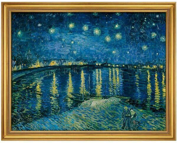 Das Bild 'Sternennacht über der Rhône' von Vincent van Gogh aus dem Jahr 1888 zeigt eine nächtliche Szene mit einer sternenklaren Himmel und Reflexionen auf dem Wasser der Rhône. Die dominierenden Farben sind Blau und Gelb. Zwei Figuren stehen am Ufer des Flusses.