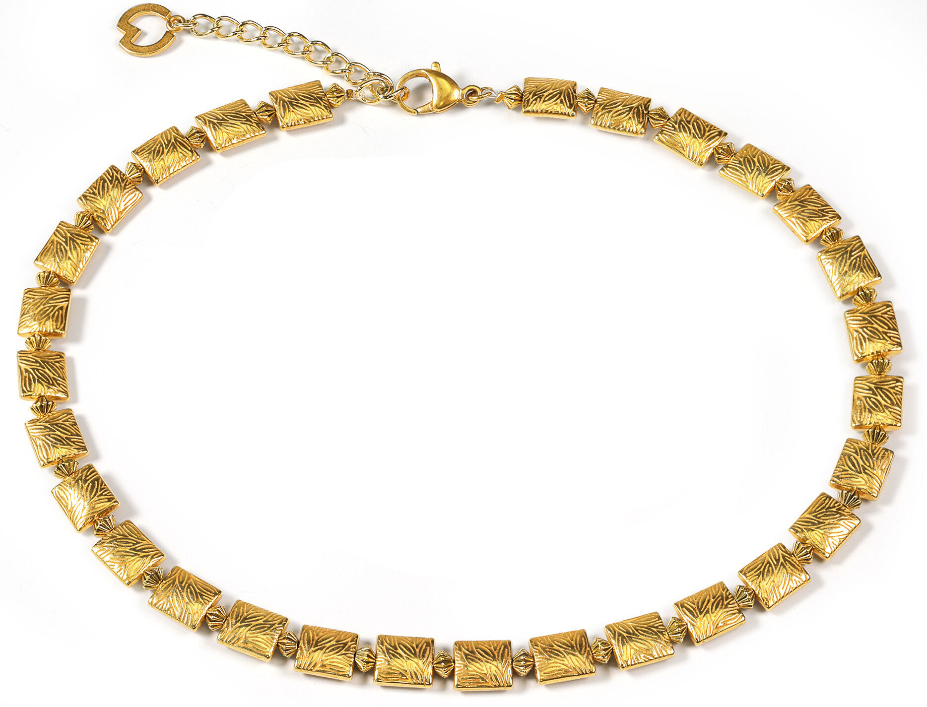 Abgebildet ist eine kunstvoll gestaltete, vergoldete Halskette aus dem Schmuckset 'Eliza' von Petra Waszak. Die Kette besteht aus rechteckigen, reich verzierten Schmuckelementen und ist mit einem Karabinerverschluss versehen.
