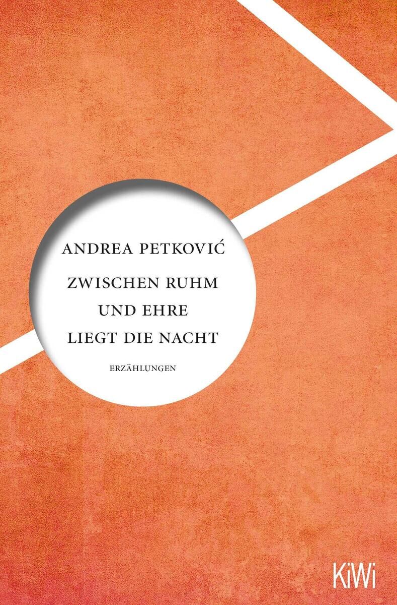 Das Buch 'Zwischen Ruhm und Ehre liegt die Nacht' von Andrea Petkovic hat ein orangefarbenes Cover mit weißen diagonalen Linien und einem weißen Kreis, in dem der Titel und der Name der Autorin geschrieben stehen.