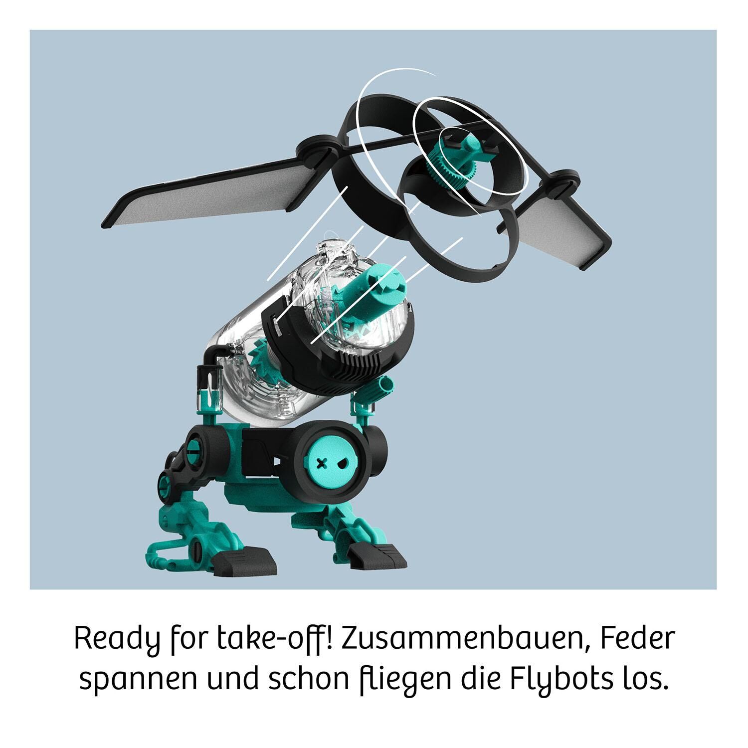 Ein Bausatz-Spielzeug mit dem Namen 'Flybots' zeigt ein zusammengebautes Modell mit Rotorblättern aus Plastik und einem türkisfarbenen und schwarzen Farbschema.