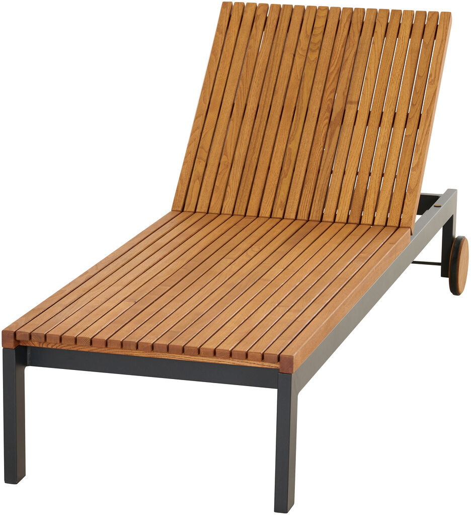 Ein modernes Gartenmöbelstück, die »Bozen« Rollliege, besteht aus Holzlatten und einem robusten Metallgestell. Ideal für den Außenbereich, bietet sie eine bequeme Liegefläche und ist verstellbar.