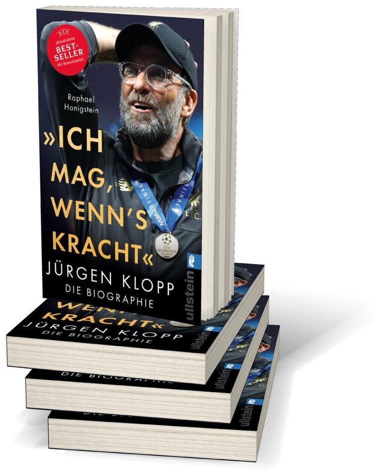 Cover des Buches 'Ich mag, wenn's kracht' von Raphael Honigstein, eine Biografie über Jürgen Klopp. Das Cover zeigt ein Bild von Jürgen Klopp mit schwarzer Kappe und Brille, lächelnd mit einer Medaille um den Hals. Das Buch liegt in vier Exemplaren übereinander gestapelt.