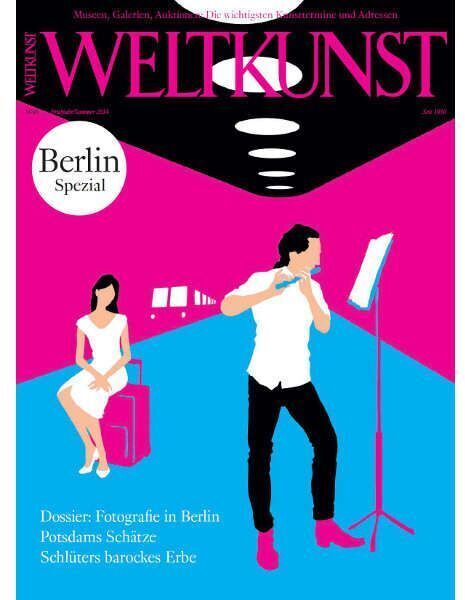 Cover der WELTKUNST Edition »Berlin«, zeigt eine stilisierte Illustration von zwei Personen; eine Frau sitzt und eine andere Person steht und schaut ein Kunstwerk an. Das Farbschema besteht aus Pink, Blau, Weiß, und Schwarz.