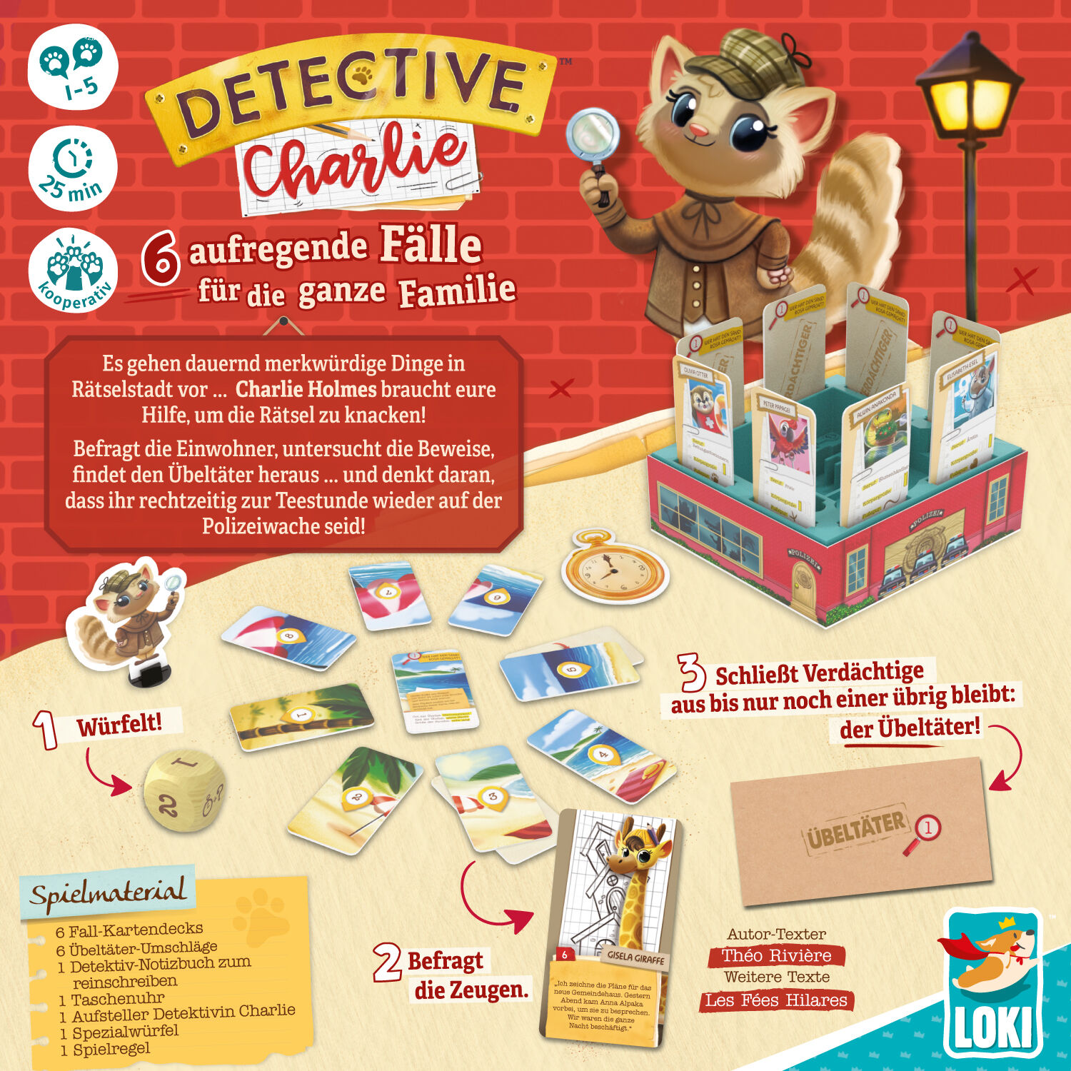 Die Verpackung des Spiels ‚Detective Charlie‘ zeigt eine Illustration einer Katzen-Detektivin vor einem kleinen Stadtgebäude, umgeben von verschiedenen Spielmaterialien wie Würfeln, Karten und Plättchen. Der Schriftzug hebt sechs spannende Fälle hervor, die für die ganze Familie geeignet sind. Die Bildkomposition vermittelt einen spaßigen und kindgerechten Detective-Look.