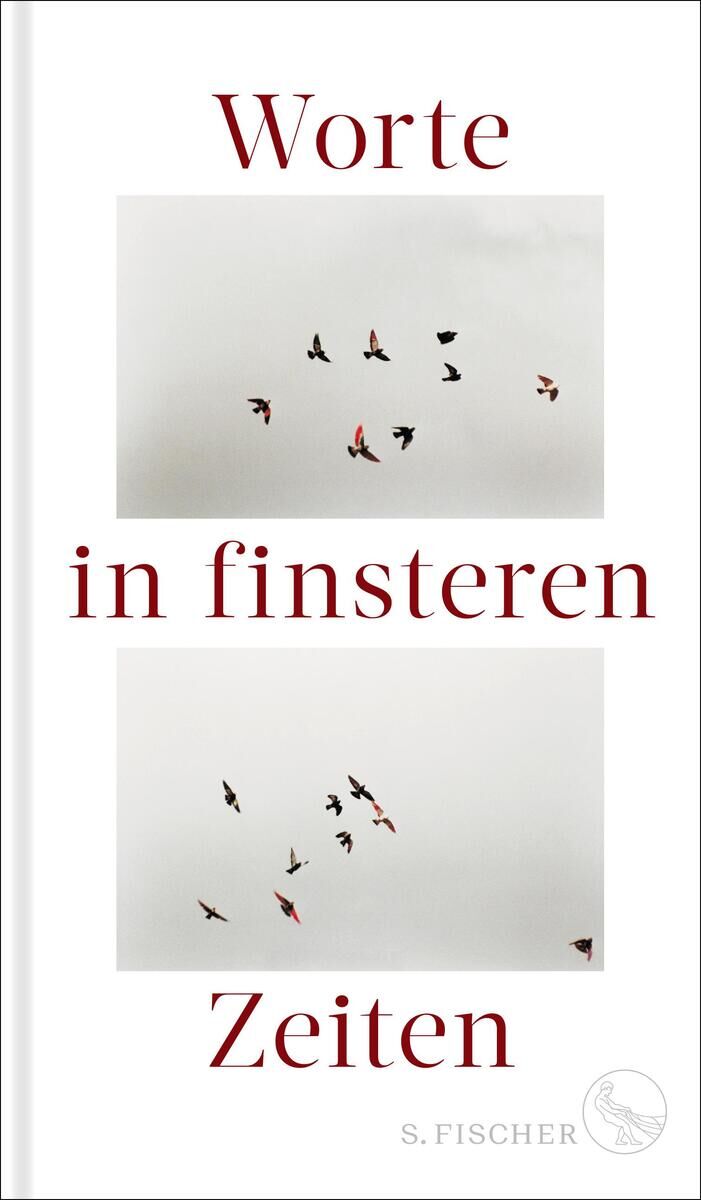 Das Cover des Buches 'Worte in finsteren Zeiten' zeigt einen weißen Hintergrund mit roten Buchstaben. Zwei Abbildungen von fliegenden Vögeln, einmal oben und einmal unten, sind in der Mitte zu sehen. Unten rechts steht der Name des Verlags 'S. Fischer'.