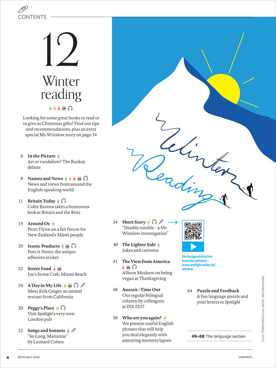 Seite mit Inhaltsverzeichnis aus Spotlight Magazin 14/2024. Enthält thematische Überschrift 'Winter Reading' und eine Auflistung von Artikeln und Geschichten rund um das Thema Winterlesen. Farben Blau, Weiß, Schwarz und Gelb dominieren das Bild. QR-Code ist sichtbar.