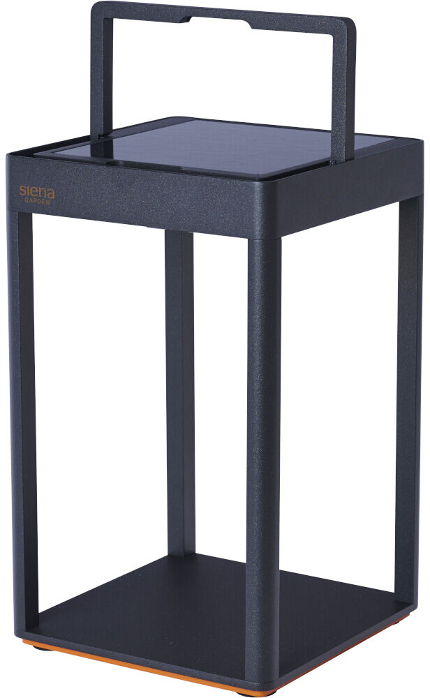 Das Bild zeigt das Windlicht »Wega« von Sienagarden in anthrazit. Es ist 30 cm hoch, würfelförmig mit offenem Design und hat oben einen rechteckigen Tragegriff. Das moderne Windlicht eignet sich ideal als dekorative Outdoor-Beleuchtung für Garten oder Terrasse.