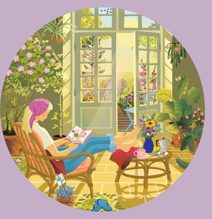 Sehr detailreiche Illustration einer entspannten Frau mit Kopftuch, die im Sonnenlicht in einem grünen, blumenreichen Wintergarten sitzt, liest und die Tür zum Garten offen steht. Farbenfrohe Pflanzen und Möbel vermitteln eine friedliche Frühlingsatmosphäre.