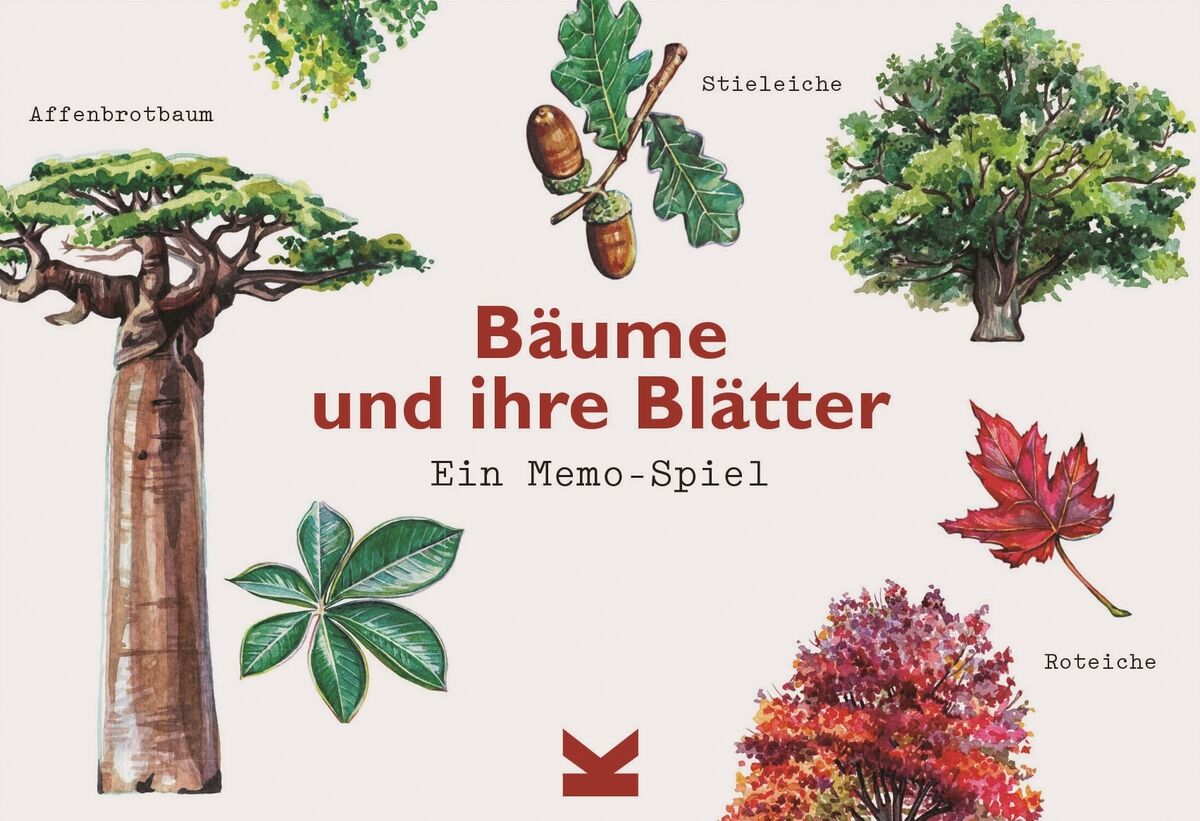 Illustrationen von verschiedenen Bäumen und Blättern, darunter Affenbrotbaum, Stieleiche, und Roteiche, auf dem Cover eines Memo-Spiels mit dem Titel 'Bäume und ihre Blätter'.