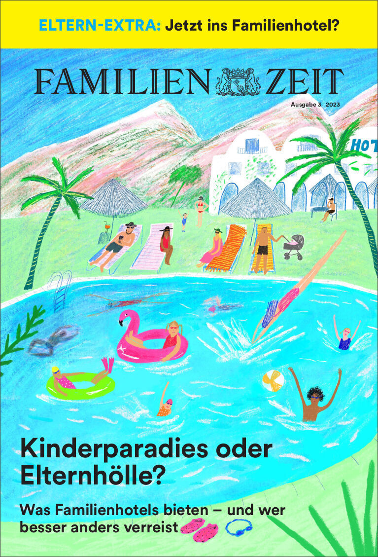 Titelblatt der Zeitschrift ZEIT LEO 3/23 mit dem Titel 'Tauch mit ab!'. Gezeichnetes Bild einer Familie im Urlaub in einem Familienhotel. Kinder und Eltern relaxen und spielen am Schwimmbad. Farben: Blau, Grün, Gelb, Rosa, Weiß, Braun.