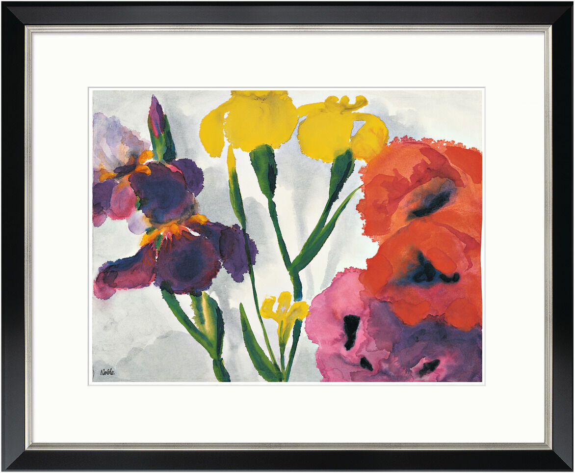 Ein farbenfrohes Kunstwerk von Emil Nolde, das Schwertlilien und Mohnblumen in leuchtenden Gelb-, Rot-, Lila-, Grün- und Blautönen zeigt, gefasst in einem schwarzen Rahmen.