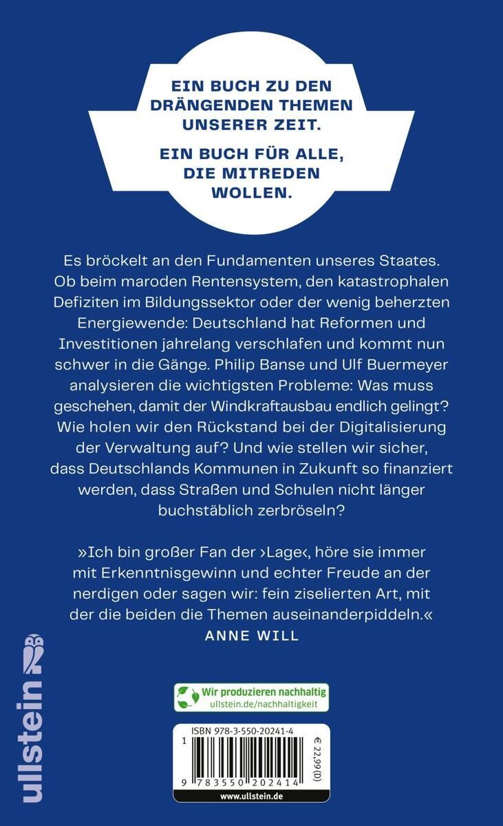 Buchcover von 'Baustellen der Nation' von P. Banse, veröffentlicht von Ullstein Verlag. Das Cover ist überwiegend blau mit weißer Schrift und enthält Zitate, die wichtige Themen der deutschen Gesellschaft und Politik ansprechen.