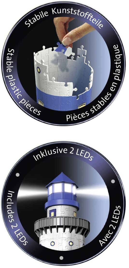 3D-Puzzle Leuchtturm bei Nacht mit 216 Teilen, zwei LED-Lichtern und stabilen Kunststoffteilen. Geeignet für Puzzle-Liebhaber und als dekoratives Element.