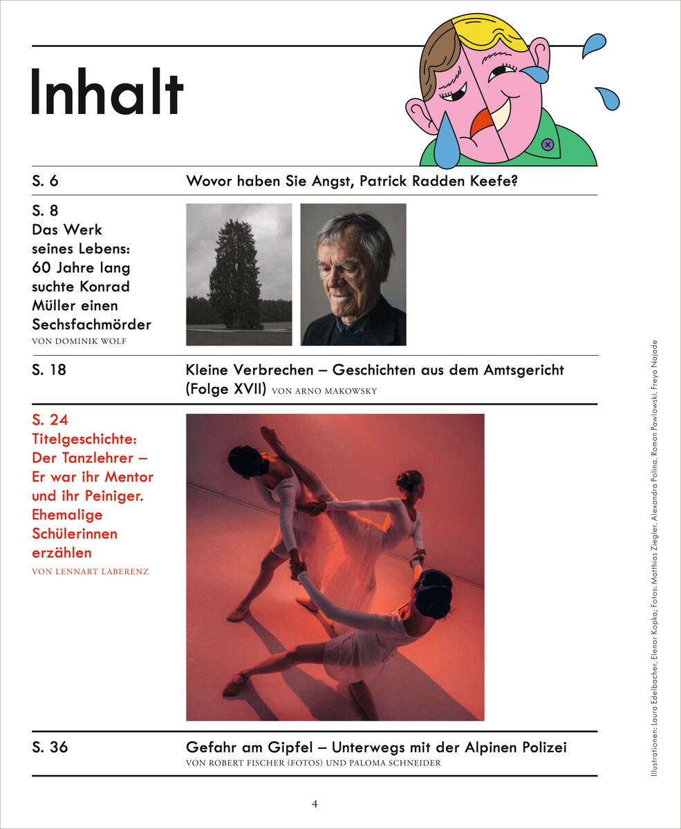 Magazin-Inhaltsverzeichnis mit vier Themen, darunter True Crime, Justiz und Reportagen. Oben eine weinende Cartoonfigur. Zwei Fotos: ein Porträt eines Mannes und eine Statue, darunter eine rote Abbildung von Tänzern. Klare Abschnitte und Stichpunkte, alles übersichtlich angeordnet.