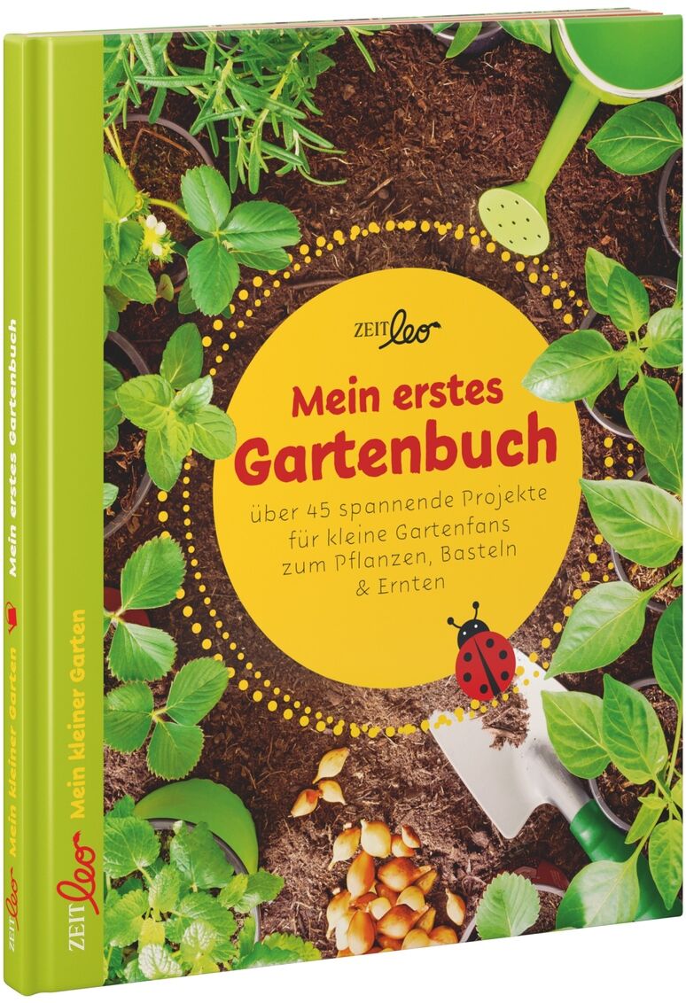 Ein Gartenbuch für Kinder mit dem Titel 'Mein erstes Gartenbuch'. Das Cover zeigt verschiedene Pflanzen, Gartengeräte und eine Abbildung einer Marienkäfer, umgeben von grünen Blättern und Erde.